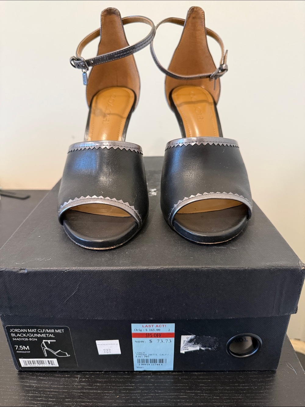 Coach Jordan Mat .  Black Leather Open-Toe Ankle-Strap Heels with Silver Trim